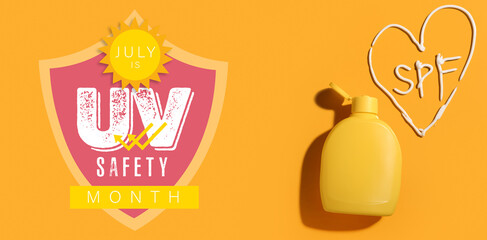 Bottle of sunscreen cream, drawn heart and word SPF on orange background. Banner for Ultraviolet Safety Month