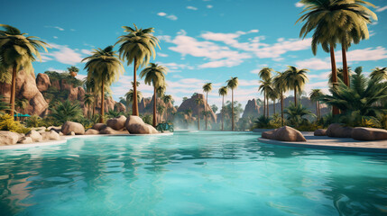 Obraz premium Beautiful wide format photorealistic detailed image of a swimmingpool with a small waterfall in the background, bright blue water, surrounded by some palm trees on a bright summer day