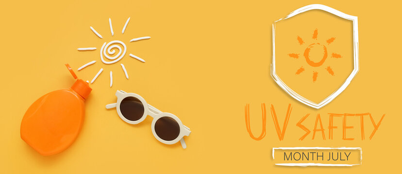 Bottle of sunscreen cream, sunglasses and drawn sun on orange background. Banner for Ultraviolet Safety Month
