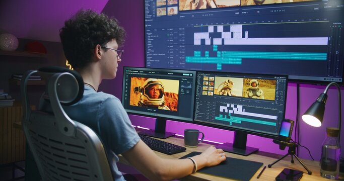 Young editor, video maker edits movie with astronauts, works at home office. Film footage and program interface with tools and sound tracks on computer and big digital screen. Post production concept.
