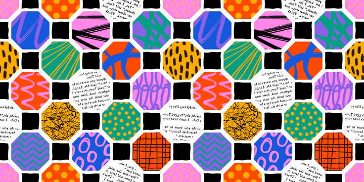 Colorful seamless pattern with collage art texture. Modern contemporary art background, geometric shape hand drawn print, maximalist graffiti paint wallpaper.