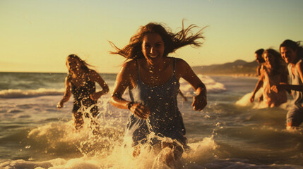 group of friends running through waves at the ocean shore having fun