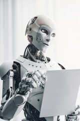 Human white robot holding white paper. White anthropomorphic robot isolated on white background