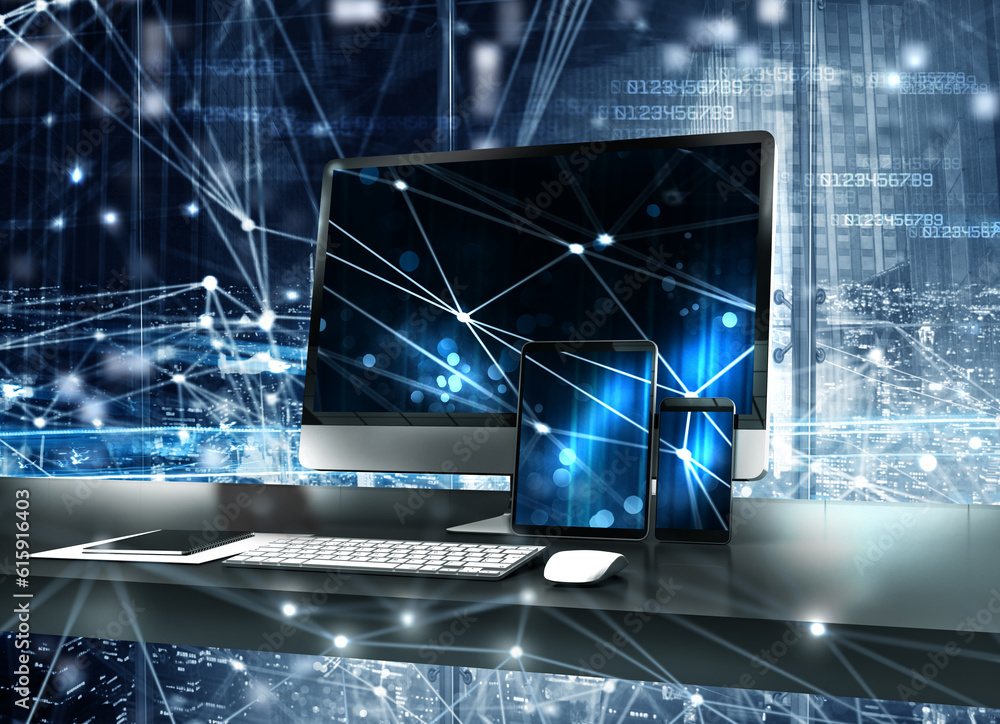 Poster computer, tablet and smartpone connected to internet in a office. concept of internet network.3d ren