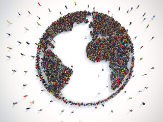 Many people together to create the shape of the world. 3D Rendering - obrazy, fototapety, plakaty