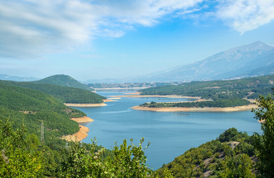 Debar lake summer countryside landscape with mountains background. North Macedonia not far from Debar Town, Europe.
