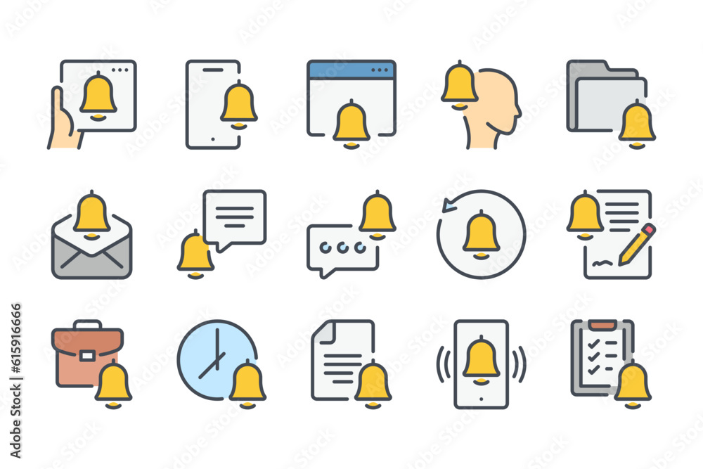 Poster notification and reminder color line icon set. bell alert and alarm clock linear icons. attention an