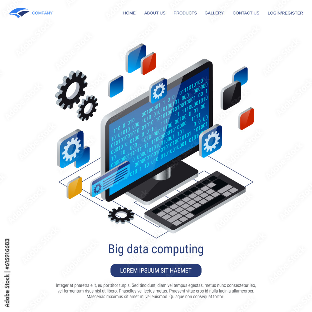 Poster big data computing, information processing 3d isometric vector concept illustration