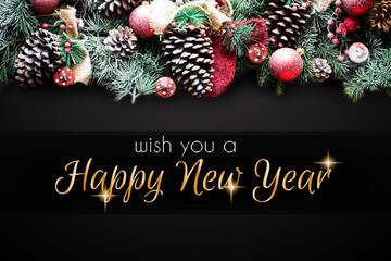 2018 Happy New Year and  Merry Christmas Frame with Snow and real wood green pine