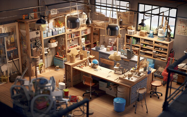 Miniature model of a DIY workshop with carpentry tools and woodworking accessories. Generative AI - obrazy, fototapety, plakaty
