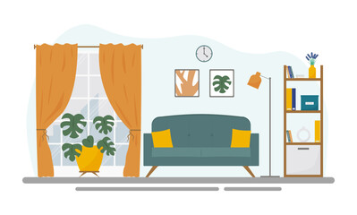 A modern living room in the apartment in a block of flats. Concept vector illustration in flat style.