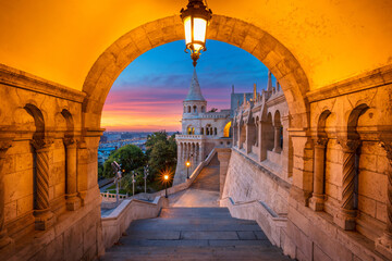 Cityscape image of the Fisherman's Bastion in Budapest, capital city of Hungary, during sunrise.