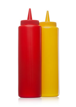 Classic plastic container with ketchup and mustard on white background