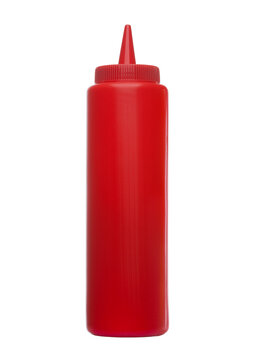 Classic plastic container with ketchup on white background