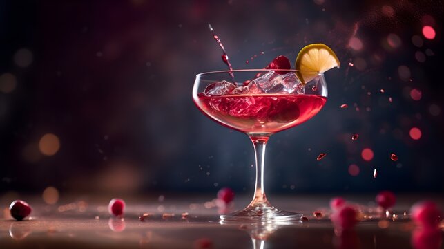 Cosmopolitan cocktail splash on modern bar counter background with hard shadows, bokeh, sunlight, summer concept. Close-up. Generative Ai content