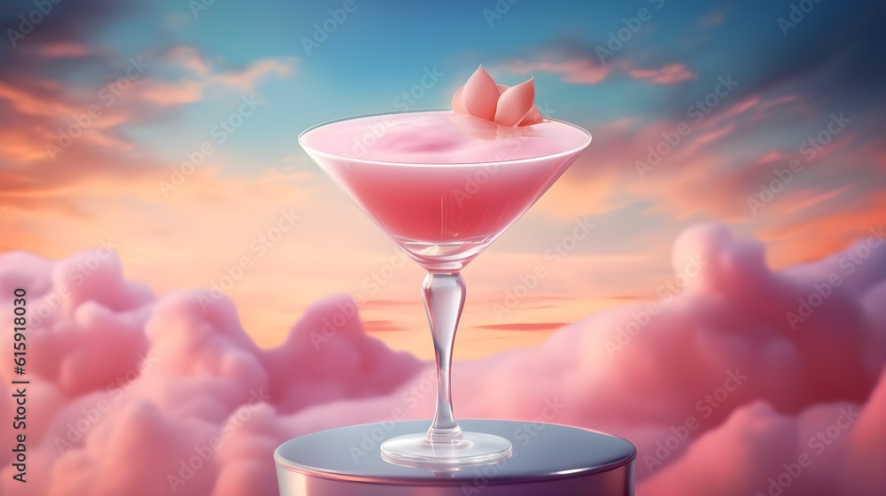 Wall mural Minimal summer dream concept with martini glass Cosmopolitan cocktail drink and dreamy clouds on pink sunset sky background. Fashion, party, dreaming creative idea with copy space. AI Generated.