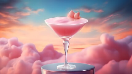 Minimal summer dream concept with martini glass Cosmopolitan cocktail drink and dreamy clouds on pink sunset sky background. Fashion, party, dreaming creative idea with copy space. AI Generated.
