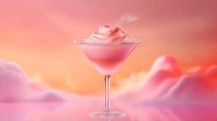Minimal summer dream concept with martini glass Cosmopolitan cocktail drink and dreamy clouds on pink sunset sky background. Fashion, party, dreaming creative idea with copy space. AI Generated. - obrazy, fototapety, plakaty