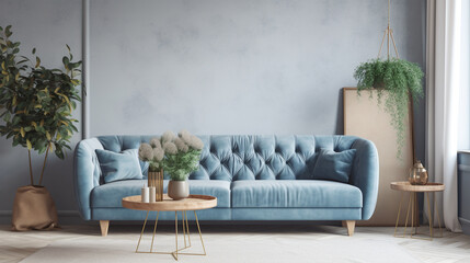 blue sofa in the living room beautiful flowers, generative ai