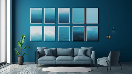 Modern living room blue wall with eight vertical paintings.
