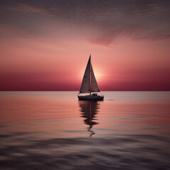 sailboat in the sunset, lonely sail in the sea at pink sunset, generative ai