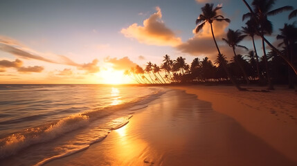 Tropical beach paradise at sunset. Generative AI