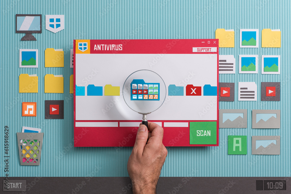 Poster antivirus protection software scanning files and removing malware: the user hand is holding a magnif