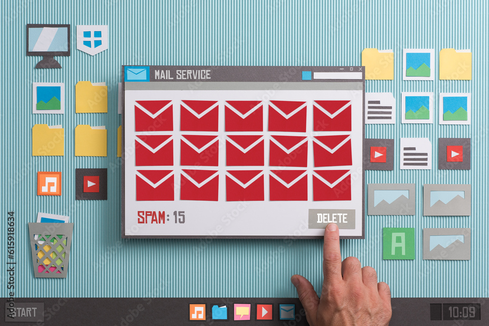 Poster user removing spam in the inbox and checking mails using an e-mail reader, collage and paper cut com
