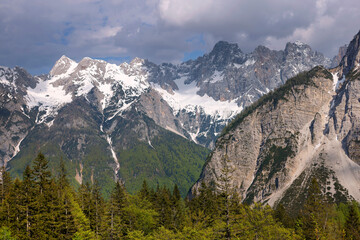 Amazing spring landscape of Skrlatica Peak (2740m) in the Julian Alps, Triglav National Park,...