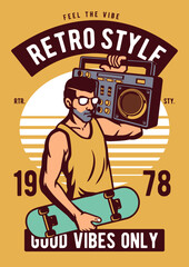 Fototapeta na wymiar Good Vibes Only Boombox Skateboard Tshirt Design Retro Vintage 