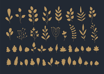 Golden Leaves Silhouettes. Abstract Autumn, Spring, Summer Drawn Cute Leaves. Design Elements for Banners, Posters, Greeting Cards.