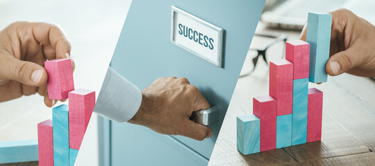 Businessman building a successful growing financial chart using toy blocks and opening a drawer...