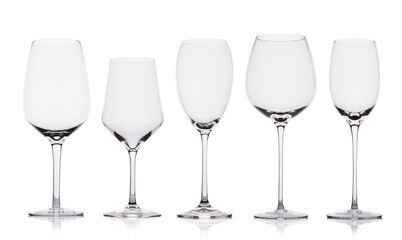 Empty wine glasses with reflection on white background with reflection