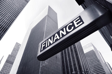 office buildings with a finance sign in front