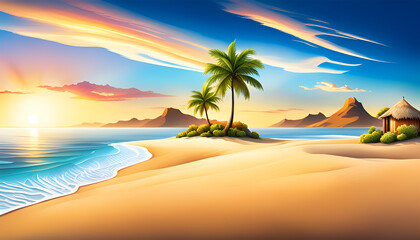 Fototapeta na wymiar Beach and ocean landscape by sunset - Generative AI