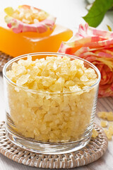 Bath sea salt for body care with soap and rose