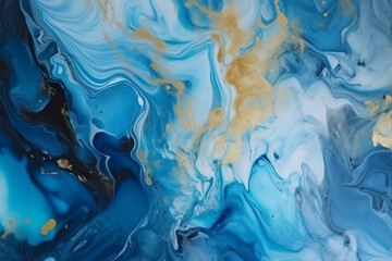 Obraz premium Abstract blue, gold and white alcohol ink art background. 