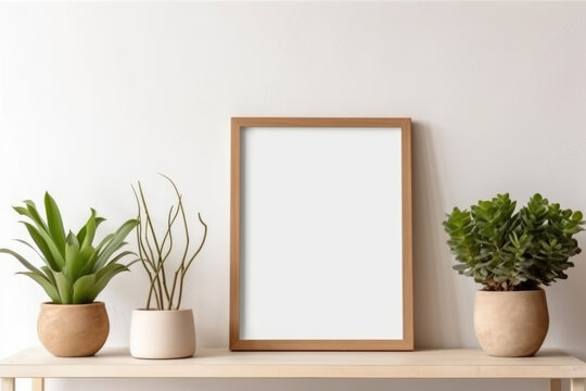 Scandinavian room interior with mock up photo frame on the brown bamboo shelf with beautiful plants in differents hipster and design pots. White walls. Modern and floral concept of shelfs.