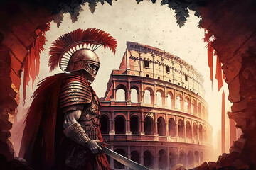 Colosseum and gladiator, illustration generative AI - obrazy, fototapety, plakaty
