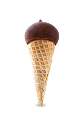 Chocolate glaze vanilla ice cream in waffle cone on a white isolated background