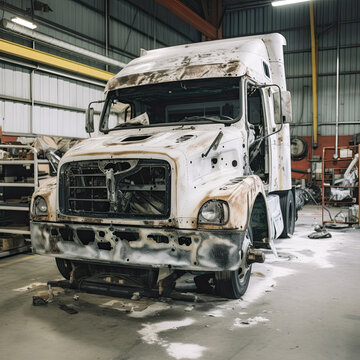 an old truck that has been vandaled in the shop for several years, and is being repaired by its owner
