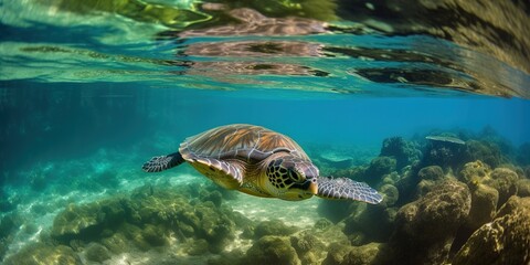 Obraz na płótnie Canvas big water turtle swimming in the ocean near the bottom, underwater life, generative AI