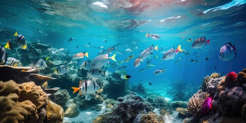 Fototapeta na wymiar flock of fishes in a tropical sea through the coral reefs