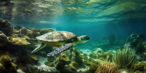 big water turtle swimming in the ocean near the bottom, underwater life, generative AI
