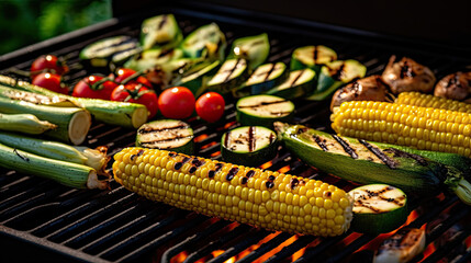 corn on the grill with tomatoes, zus, and other vegetables being cooked in the grilling gre - obrazy, fototapety, plakaty