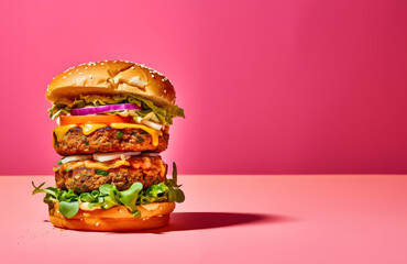 Giant Vegan burger isolated on pink background - AI generated
