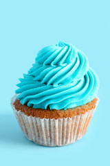Tasty cupcake on blue background
