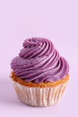 Tasty cupcake on purple background