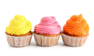 Tasty colorful cupcakes on white background