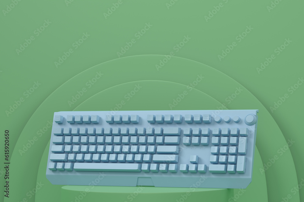 Poster realistic computer keyboard on cylinder podium with step on monochrome